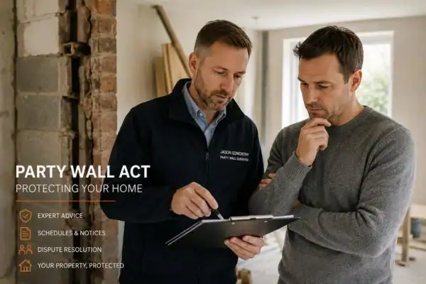 Party wall surveyor Basildon discussing extension plans with homeowner outside a UK semi-detached house.
